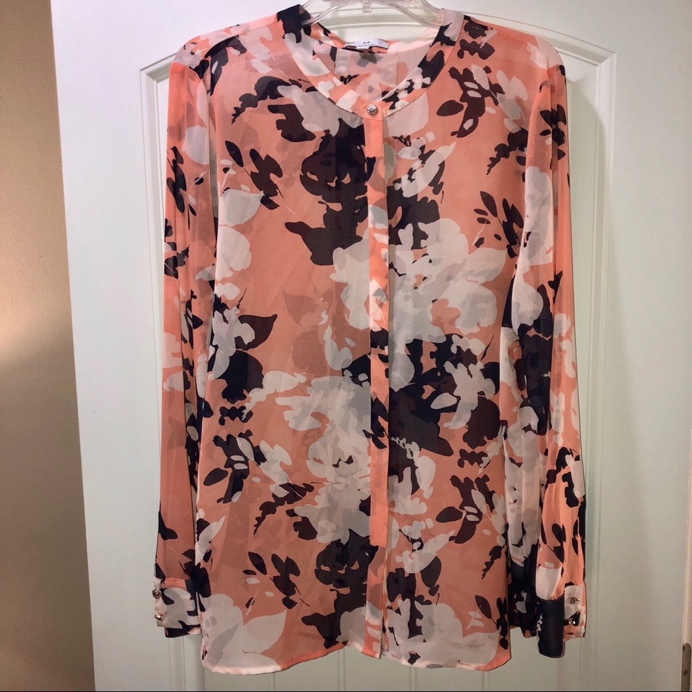 Halston Floral Print Sheer Blouse